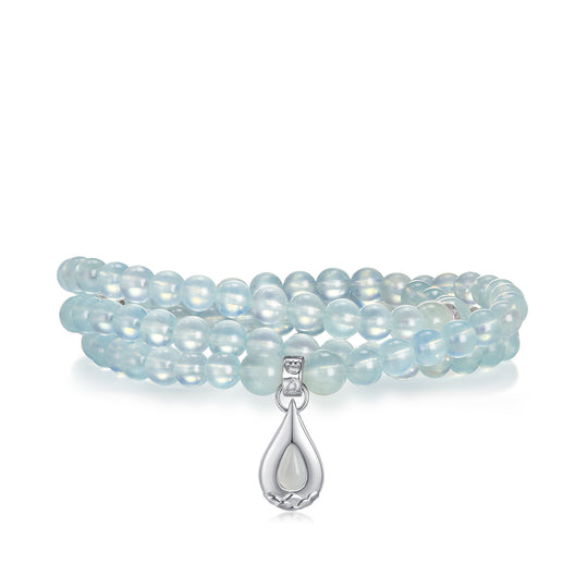 Five Elements「Water」Solid 925 Sterling Silver, 18K Gold/White Gold Plated Aquamarine Waterdrop Pendant 3 Layered Crystal Bracelet & Necklace
