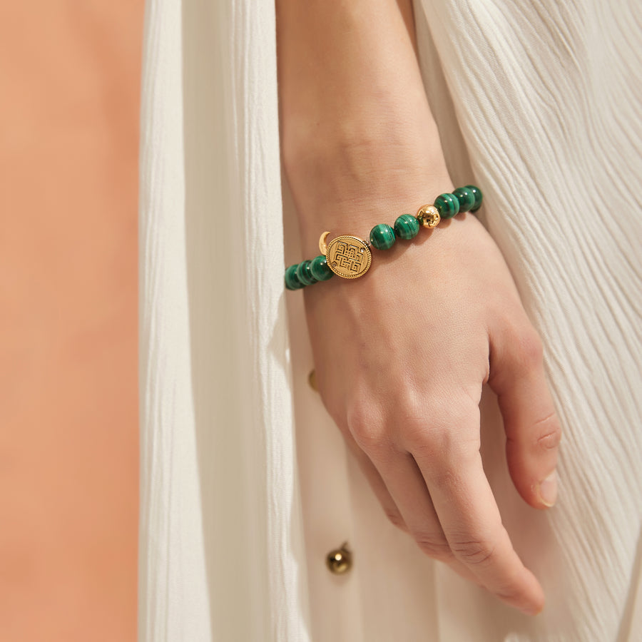 「Three Charms」 Sundial &Lotus&The endless love knot Malachite beaded bracelet