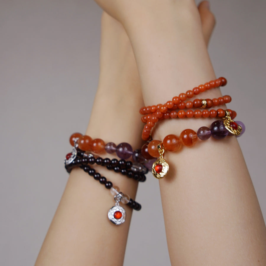 Five Elements「Fire」Solid 925 Sterling Silver, 18K Gold/White Gold Plated Garnet the Sun Firebird Pendant Crystal Bracelet