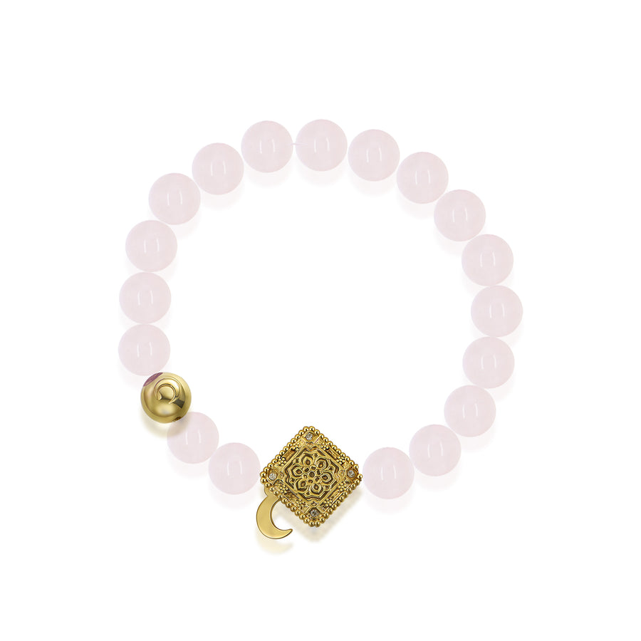 「Three Charms」 Sundial &Lotus&The endless love knot Rose Quartz beaded bracelet