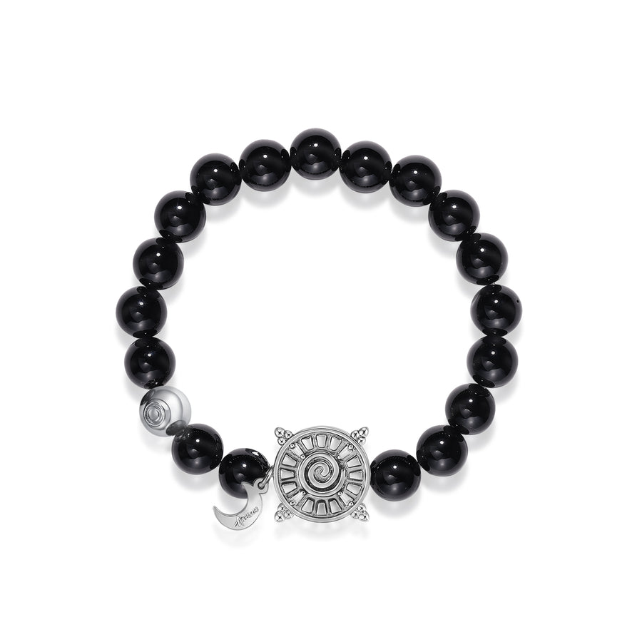 「Three Charms」 Sundial &Lotus&The endless love knot Black Agate beaded bracelet