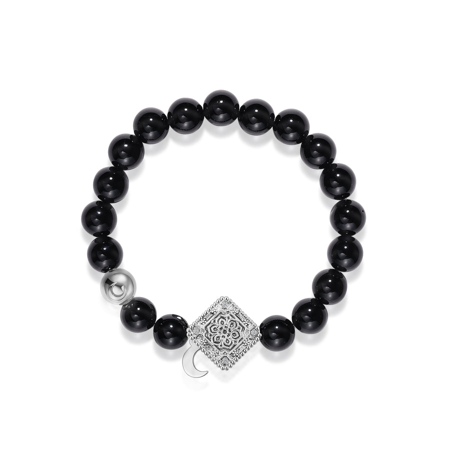 「Three Charms」 Sundial &Lotus&The endless love knot Black Agate beaded bracelet