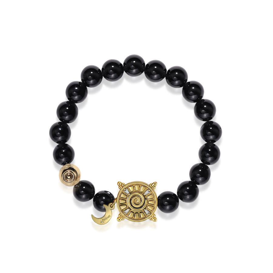 「Three Charms」 Sundial &Lotus&The endless love knot Black Agate beaded bracelet