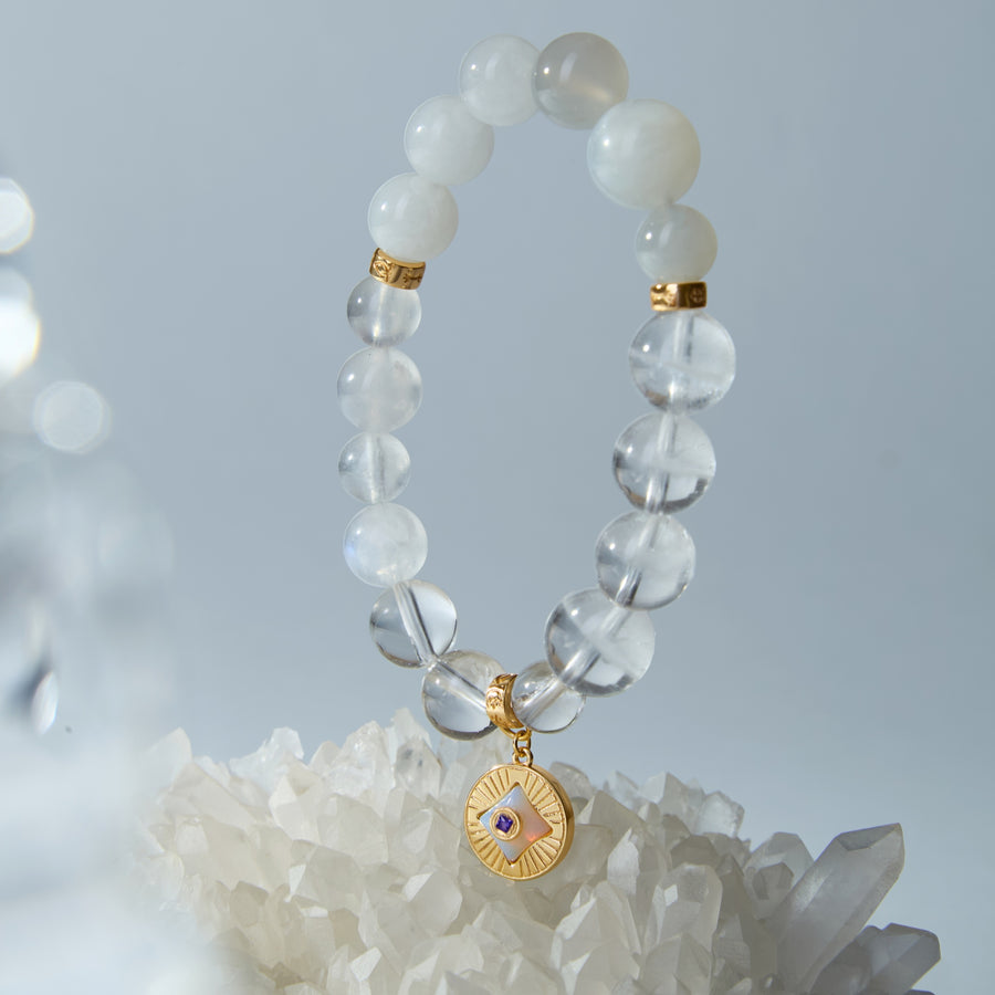 Five Elements「Metal」Solid 925 Sterling Silver, 18K Gold/White Gold Plated Moonstone Aura Pendant Crystal Gemstone Beads Bracelet