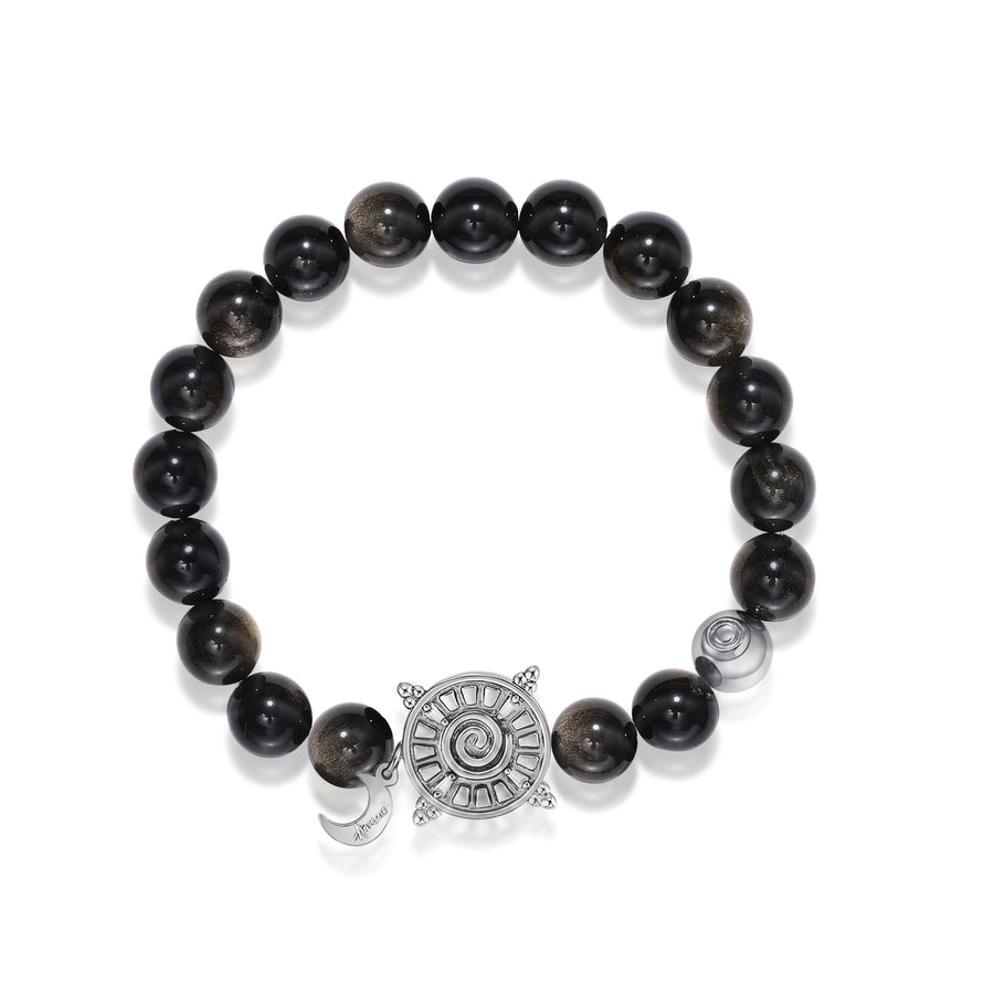 「Three Charms」 Sundial &Lotus&The endless love knot Golden Obsidian beaded bracelet