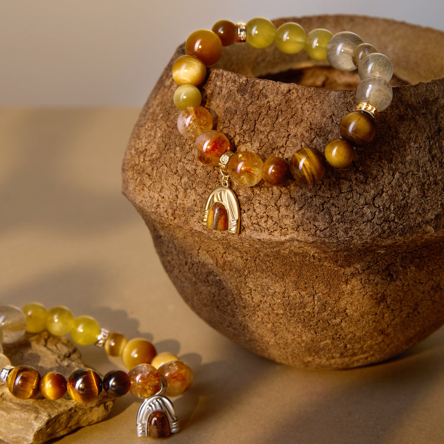 Five Elements「Earth」Solid 925 Sterling Silver, 18K Gold/White Gold Plated Tiger Eye Earth Mountain Pendant Crystal Bracelet