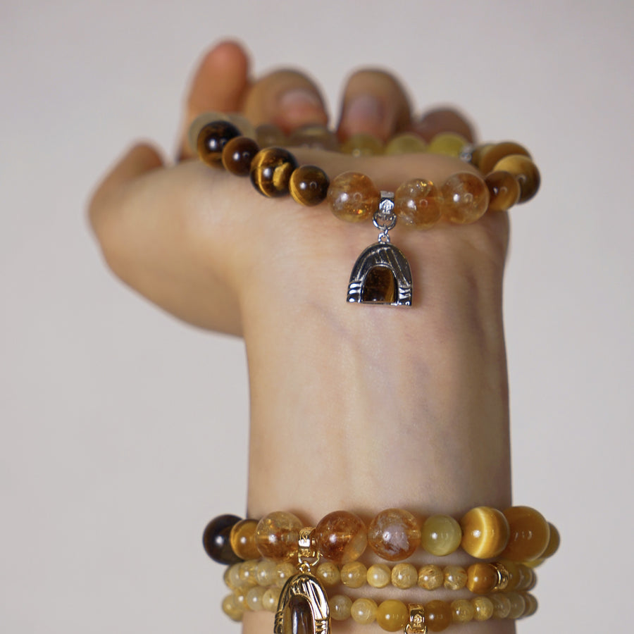 Five Elements「Earth」Solid 925 Sterling Silver, 18K Gold/White Gold Plated Tiger Eye Earth Mountain Pendant Crystal Bracelet