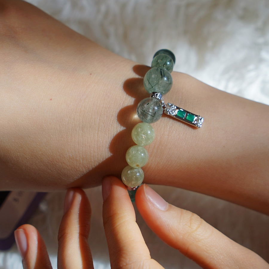Five Elements「Wood」Solid 925 Sterling Silver, 18K Gold/White Gold Plated Emerald Life Tree with Flower Pendant Crystal Bracelet