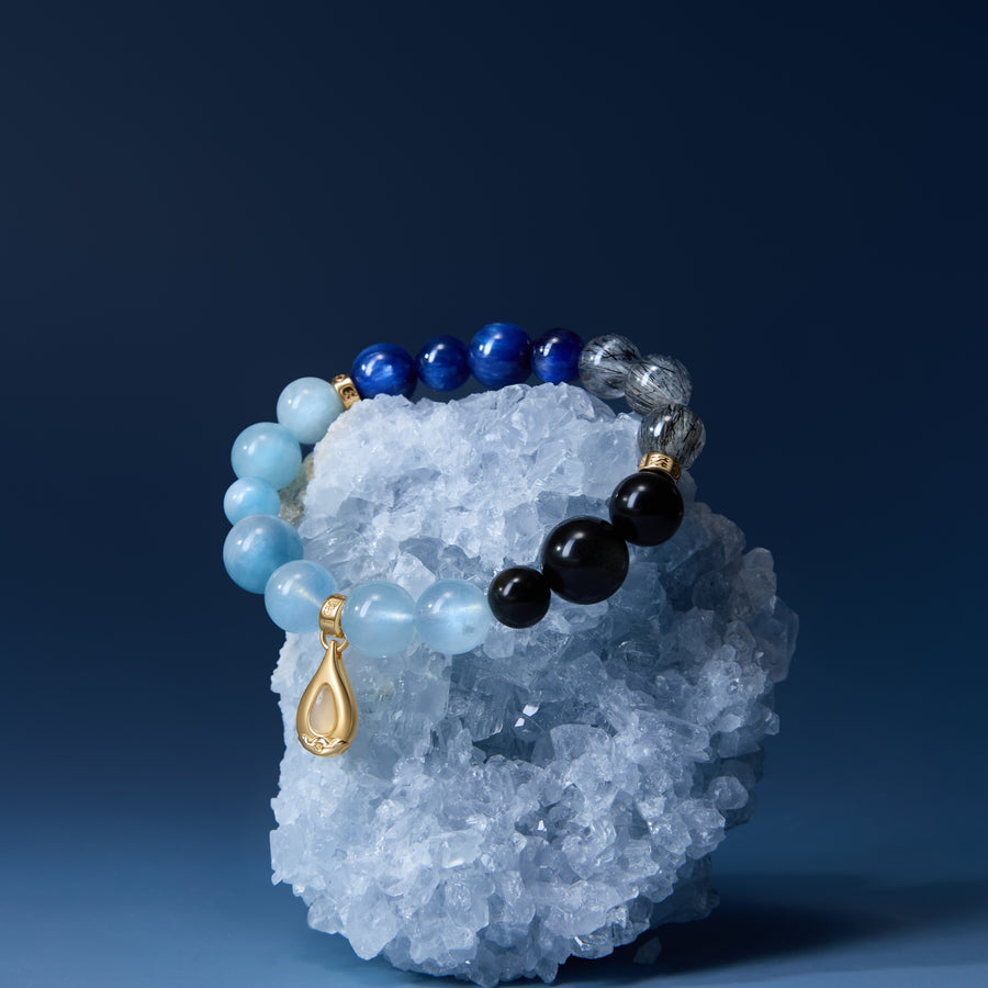 Five Elements「Water」 Solid 925 Sterling Silver, 18K Gold/White Gold Plated Aquamarine Waterdrop Pendant Crystal Bracelet