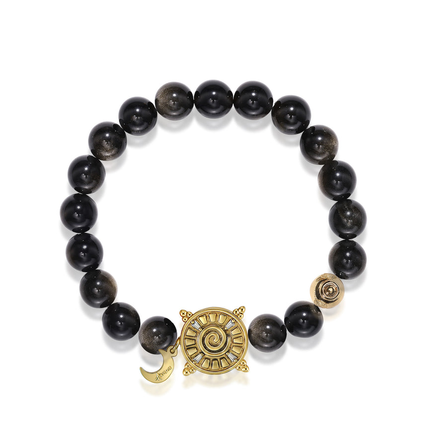 「Three Charms」 Sundial &Lotus&The endless love knot Golden Obsidian beaded bracelet