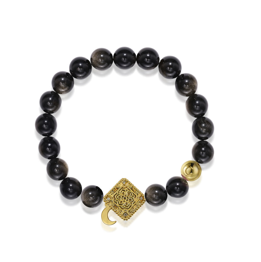 「Three Charms」 Sundial &Lotus&The endless love knot Golden Obsidian beaded bracelet
