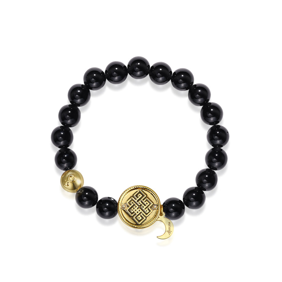 「Three Charms」 Sundial &Lotus&The endless love knot Black Agate beaded bracelet