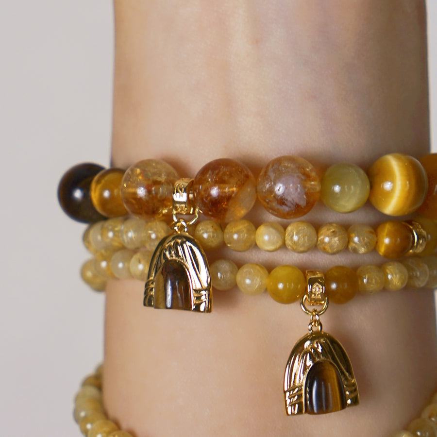 Five Elements「Earth」Solid 925 Sterling Silver, 18K Gold/White Gold Plated Tiger Eye Earth Mountain Pendant Crystal Bracelet