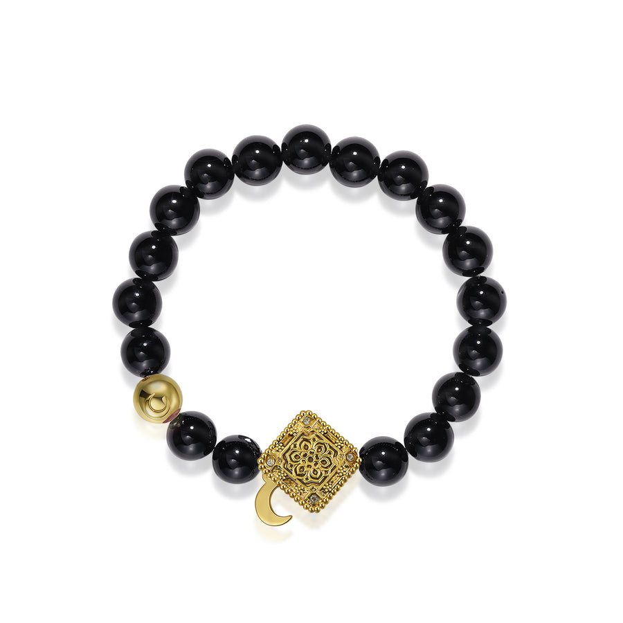 「Three Charms」 Sundial &Lotus&The endless love knot Black Agate beaded bracelet
