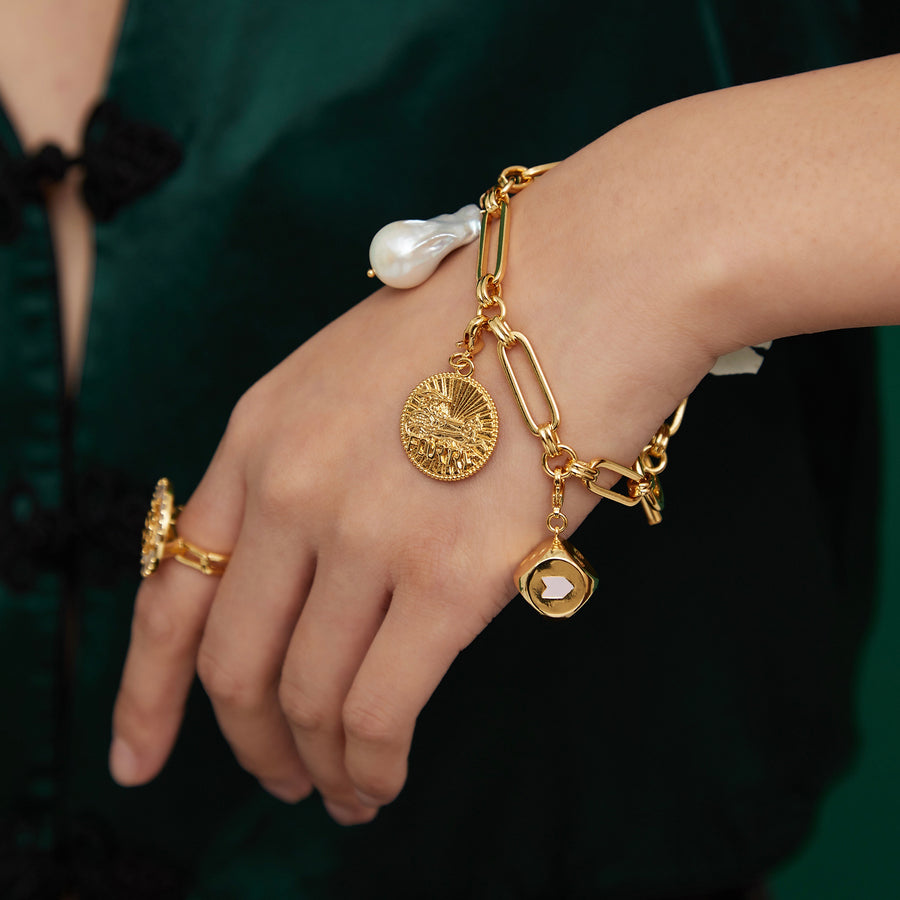 Fortune Unfolds Baroque Pearl  Dice Carriage Coin Chain Bracelet