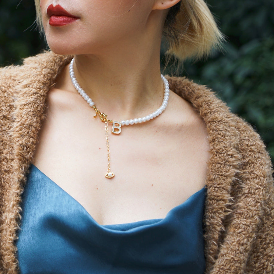 'The Alphabet Collection' 18K gold plated 26 Letter Mother of Pearl Shell Pendant Diamond Pearl Necklace