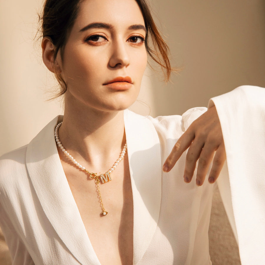 'The Alphabet Collection' 18K gold plated 26 Letter Mother of Pearl Shell Pendant Diamond Pearl Necklace