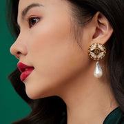 Fortune Unfolds Crystal Bamboo Linked Chain Baroque Pearl Round Stud Earrings& Ear clips
