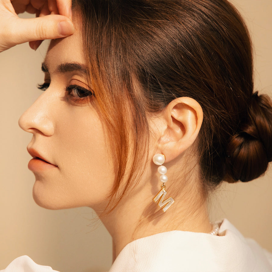 'The Alphabet Collection' 18K gold plated 26 Letter Mother of Pearl Shell Pendant Asymmetric Diamond Pearl Earrings
