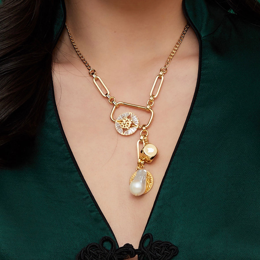 Fortune Unfolds Dice Carriage Coin Baroque Pearl Necklace Y-shaped Chain (Detachable)