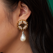 Fortune Unfolds Crystal Bamboo Linked Chain Baroque Pearl Round Stud Earrings& Ear clips