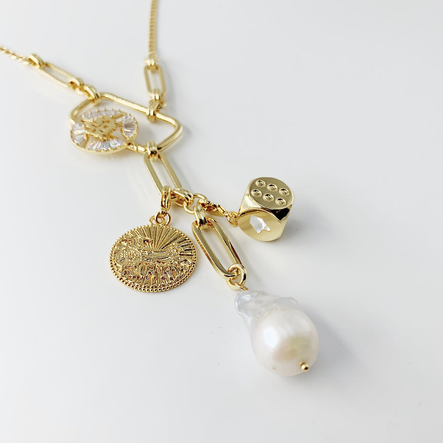 Fortune Unfolds Dice Carriage Coin Baroque Pearl Necklace Y-shaped Chain (Detachable)