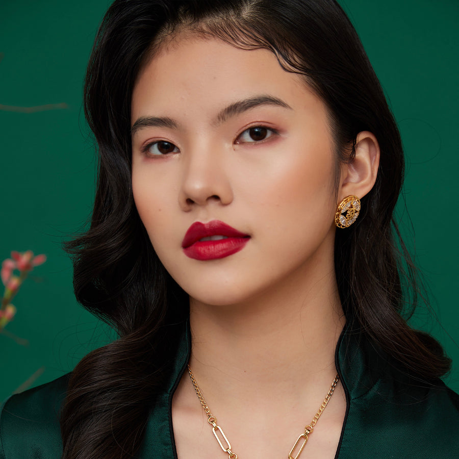 Fortune Unfolds Crystal Bamboo Linked Chain Round Stud Earrings& Ear clips