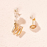 'The Alphabet Collection' 18K gold plated 26 Letter Mother of Pearl Shell Pendant Asymmetric Diamond Pearl Earrings
