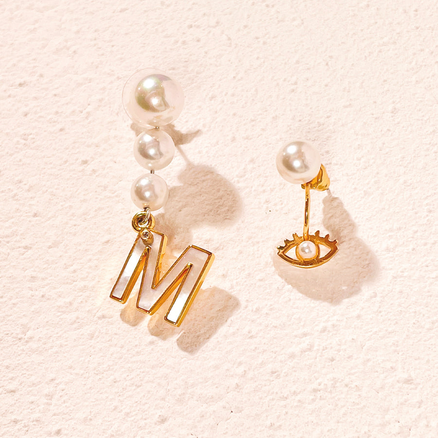 'The Alphabet Collection' 18K gold plated 26 Letter Mother of Pearl Shell Pendant Asymmetric Diamond Pearl Earrings