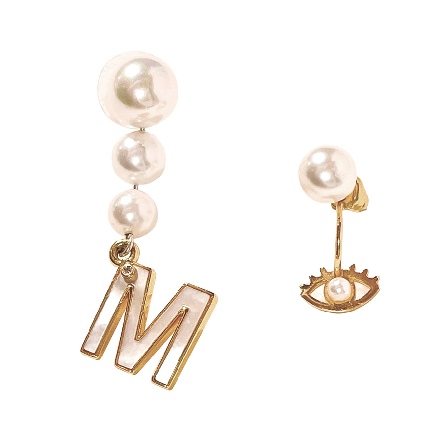 'The Alphabet Collection' 18K gold plated 26 Letter Mother of Pearl Shell Pendant Asymmetric Diamond Pearl Earrings