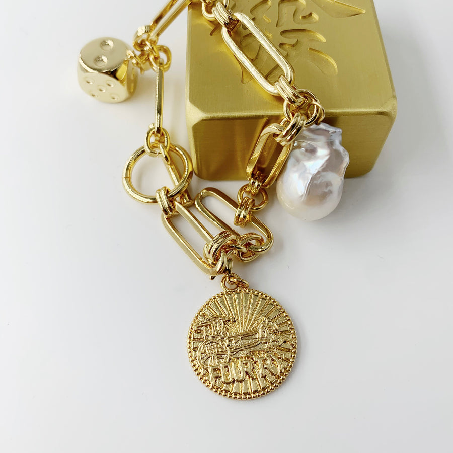 Fortune Unfolds Baroque Pearl  Dice Carriage Coin Chain Bracelet