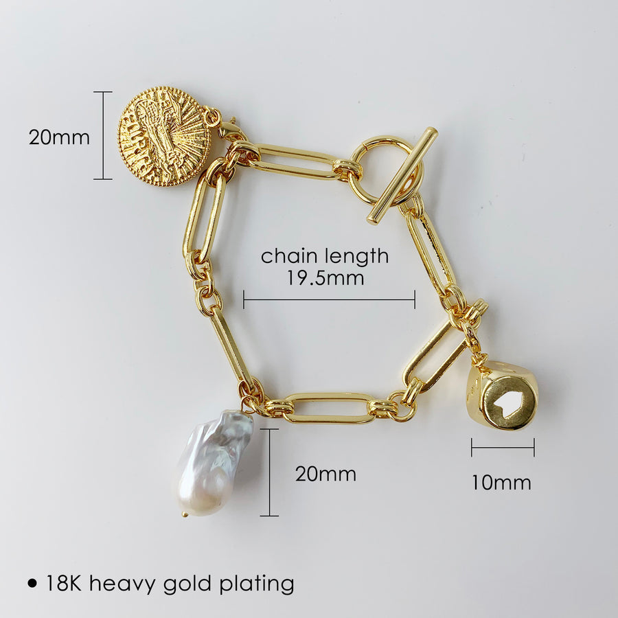Fortune Unfolds Baroque Pearl  Dice Carriage Coin Chain Bracelet