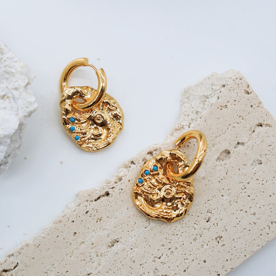 FLYING BIRD LOVE ODYSSEY 18K Gold Plated Ancient Bronze Phoenix Coin Drop Earrings