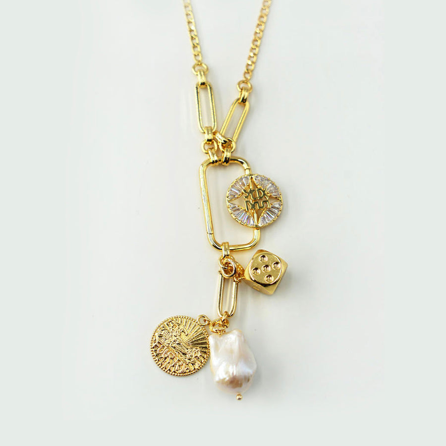 Fortune Unfolds Dice Carriage Coin Baroque Pearl Necklace Y-shaped Chain (Detachable)