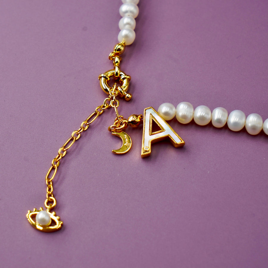 'The Alphabet Collection' 18K gold plated 26 Letter Mother of Pearl Shell Pendant Diamond Pearl Necklace