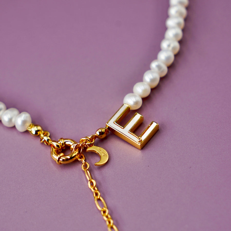 'The Alphabet Collection' 18K gold plated 26 Letter Mother of Pearl Shell Pendant Diamond Pearl Necklace