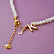 'The Alphabet Collection' 18K gold plated 26 Letter Mother of Pearl Shell Pendant Diamond Pearl Necklace