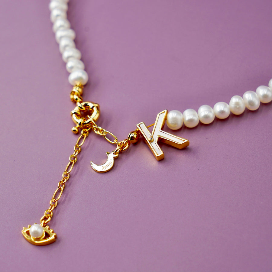 'The Alphabet Collection' 18K gold plated 26 Letter Mother of Pearl Shell Pendant Diamond Pearl Necklace