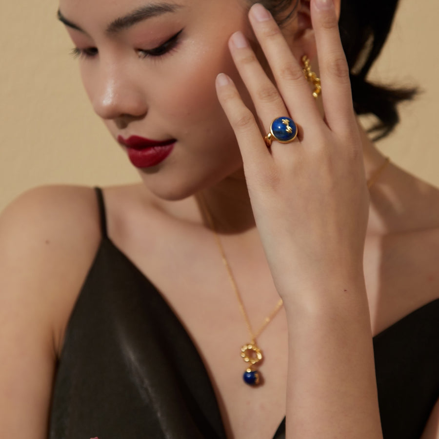 REBORN 'Water' Oracle Bone Lazurite Customized Open Ring