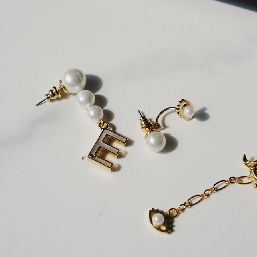 'The Alphabet Collection' 18K gold plated 26 Letter Mother of Pearl Shell Pendant Asymmetric Diamond Pearl Earrings