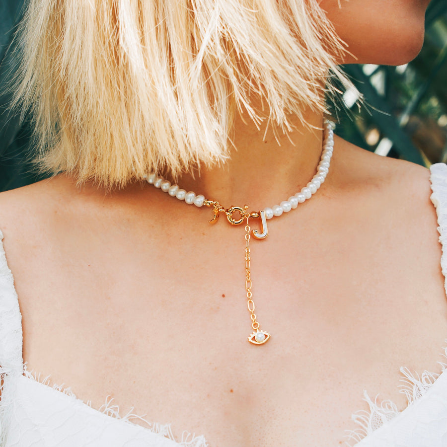 'The Alphabet Collection' 18K gold plated 26 Letter Mother of Pearl Shell Pendant Diamond Pearl Necklace
