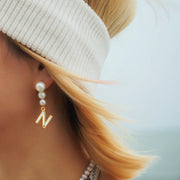 'The Alphabet Collection' 18K gold plated 26 Letter Mother of Pearl Shell Pendant Asymmetric Diamond Pearl Earrings