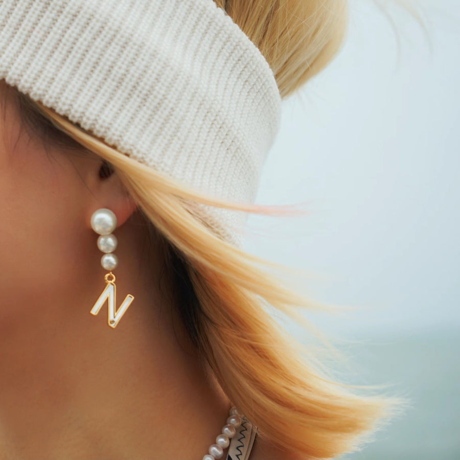 'The Alphabet Collection' 18K gold plated 26 Letter Mother of Pearl Shell Pendant Asymmetric Diamond Pearl Earrings