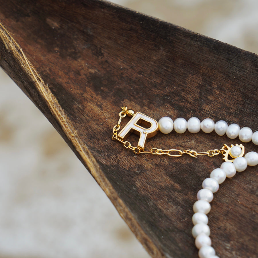 'The Alphabet Collection' 18K gold plated 26 Letter Mother of Pearl Shell Pendant Diamond Pearl Necklace