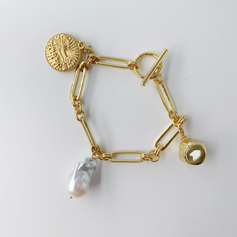 Fortune Unfolds Baroque Pearl  Dice Carriage Coin Chain Bracelet
