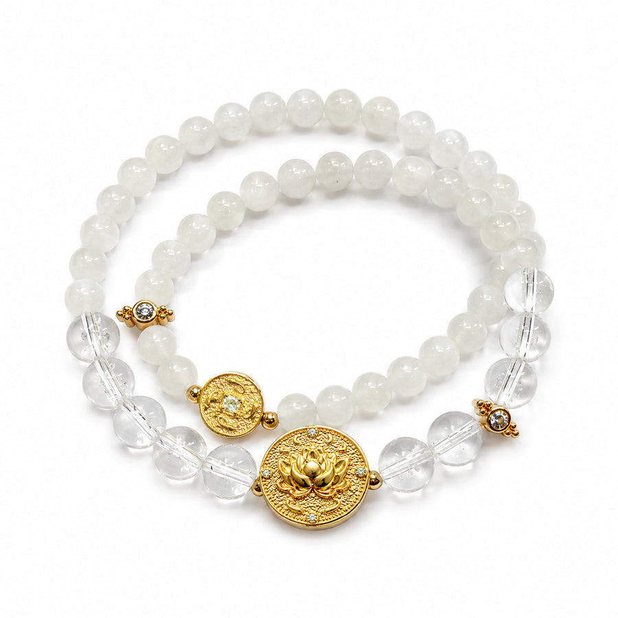 Lotus Within · 18K Gold Vermeil / Rhodium Plated Sterling Silver Lotus & Fish Coin Double Wrap Clear Quartz & White Nephrite Bracelet