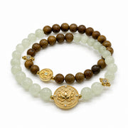 Lotus Within · 18K Gold Vermeil / Rhodium Plated Sterling Silver Lotus & Fish Coin Double Wrap Green Sandalwood & Celadon Nephrite Jade Bracelet