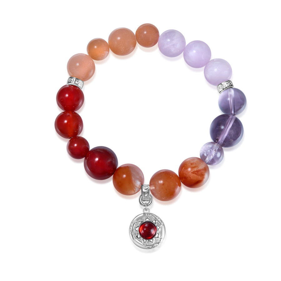 「Luminous」Solid 925 Sterling Silver, 18K Gold/White Gold Plated Red Purple Color Healing Garnet the Sun Fire Pendant Crystal Gemstone Beads Bracelet