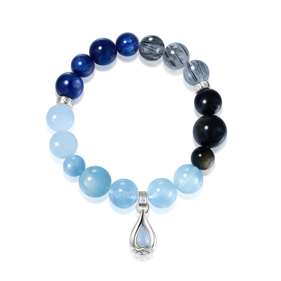 「Endless」Solid 925 Sterling Silver, 18K Gold/White Gold Plated Blue Black Color Healing Aquamarine Waterdrop Pendant Crystal Gemstone Beads Bracelet