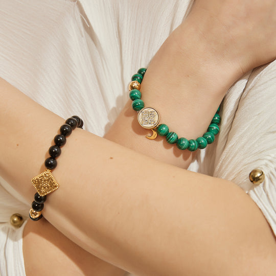 「Three Charms」 Sundial &Lotus&The endless love knot Malachite beaded bracelet